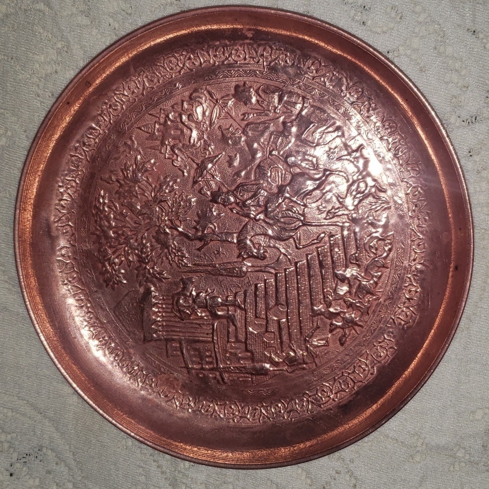 Antique hand tooled Middle Eastern figural engraved copper dish plate